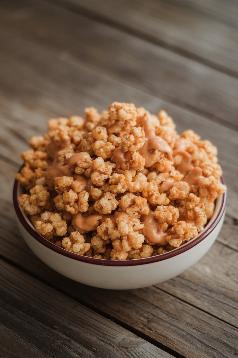 Indoor bowl filled with peanut butter–bound puffed quinoa clusters, bite-size and golden. No text or logos.
