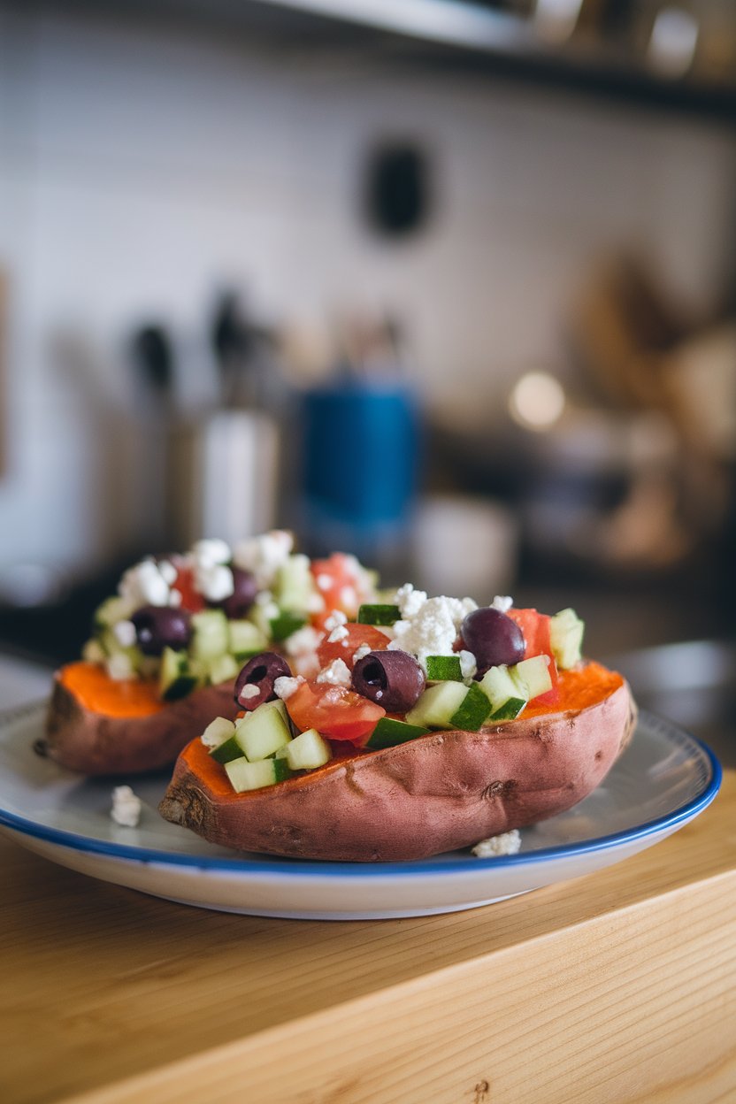 An indoor plate displaying baked sweet potato halves loaded with diced cucumber, olives, tomatoes, and crumbled feta. No text or logos anywhere. Photo only.