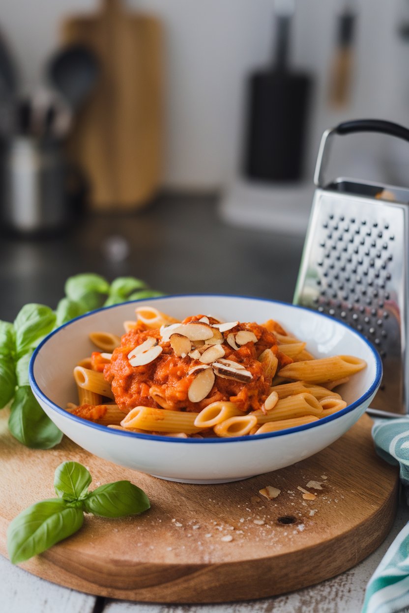Indoor photo of a pasta bowl featuring penne slicked with orange-hued roasted red pepper sauce, topped with sliced toasted almonds. No text or logos.