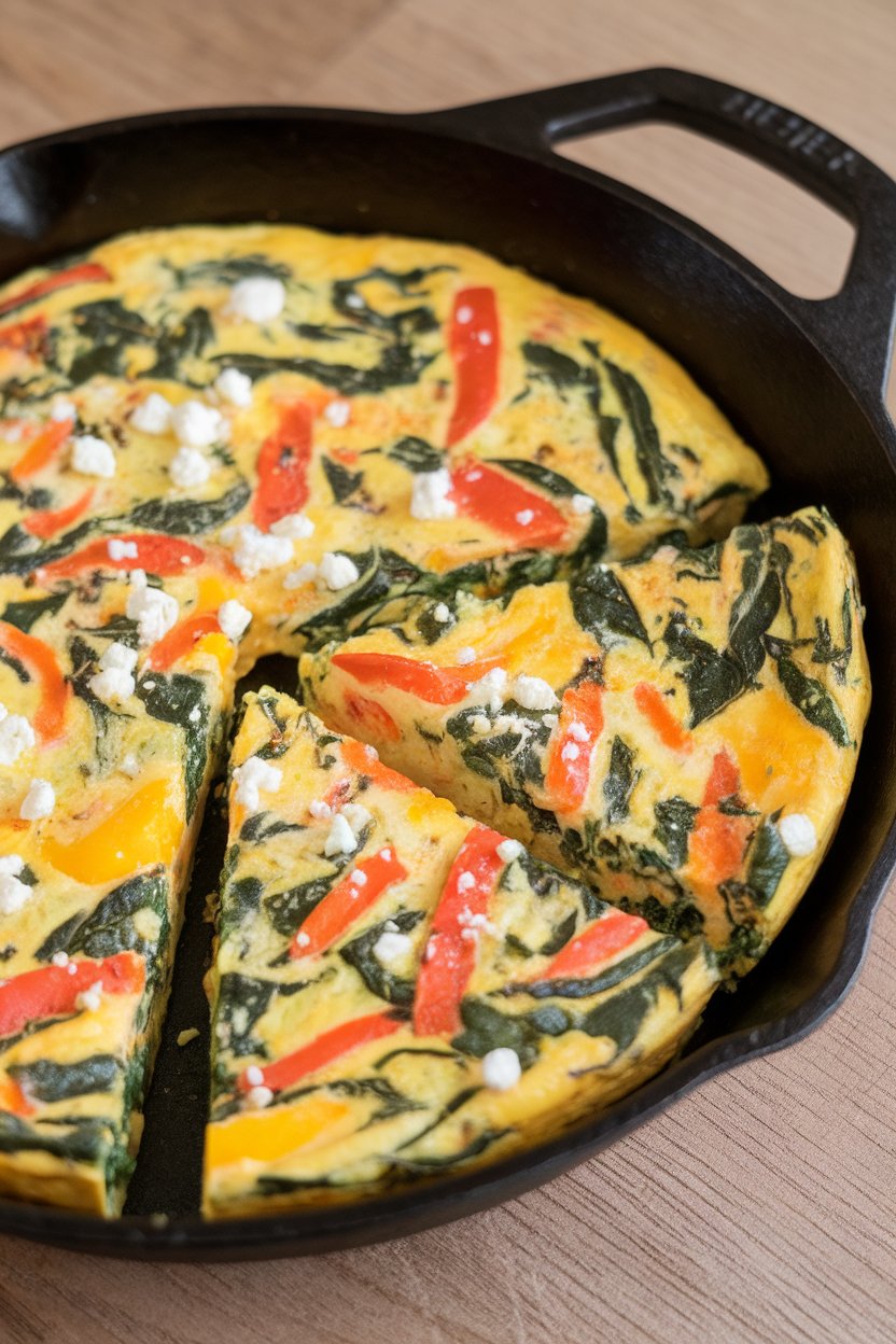 Indoor photo of a cast-iron skillet holding a colorful frittata speckled with spinach, bell peppers, and feta, sliced for serving, no text or logos.