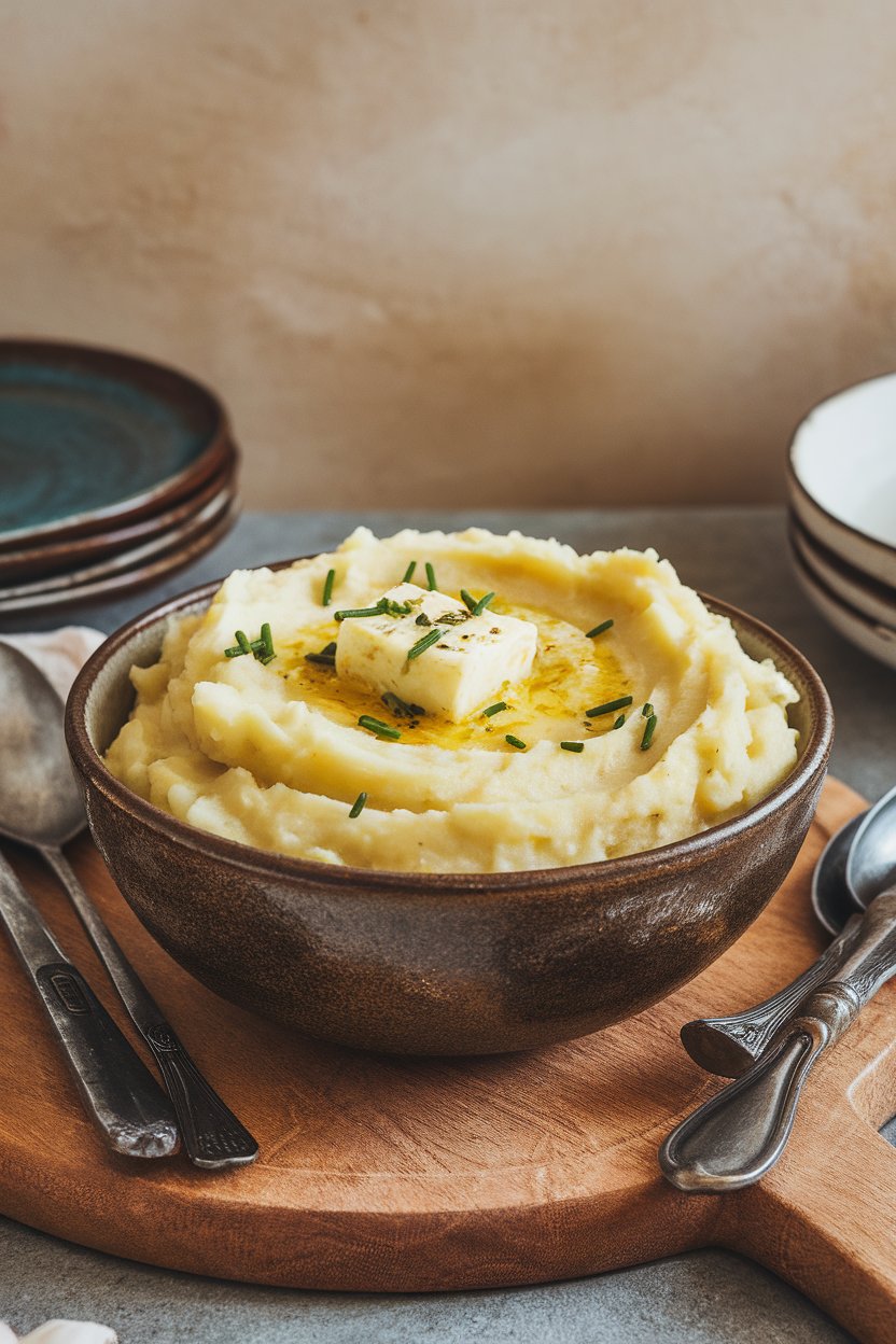 A serving bowl indoors piled high with creamy mashed potatoes topped with melting garlic butter, chives sprinkled—no logos or text. Photo.