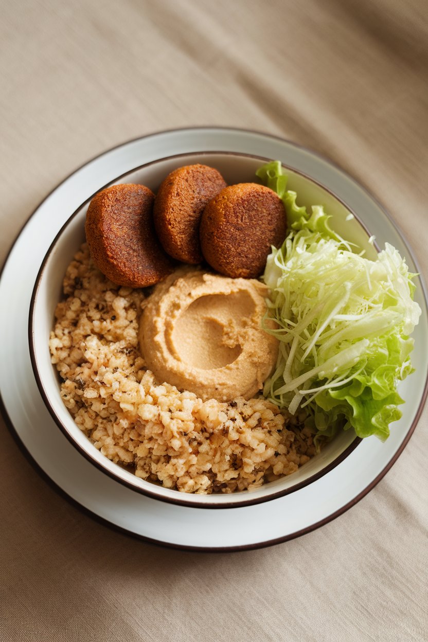 Indoor tabletop with a bowl of cooked bulgur, baked falafel rounds, hummus dollop, and shredded lettuce. No text or logos.