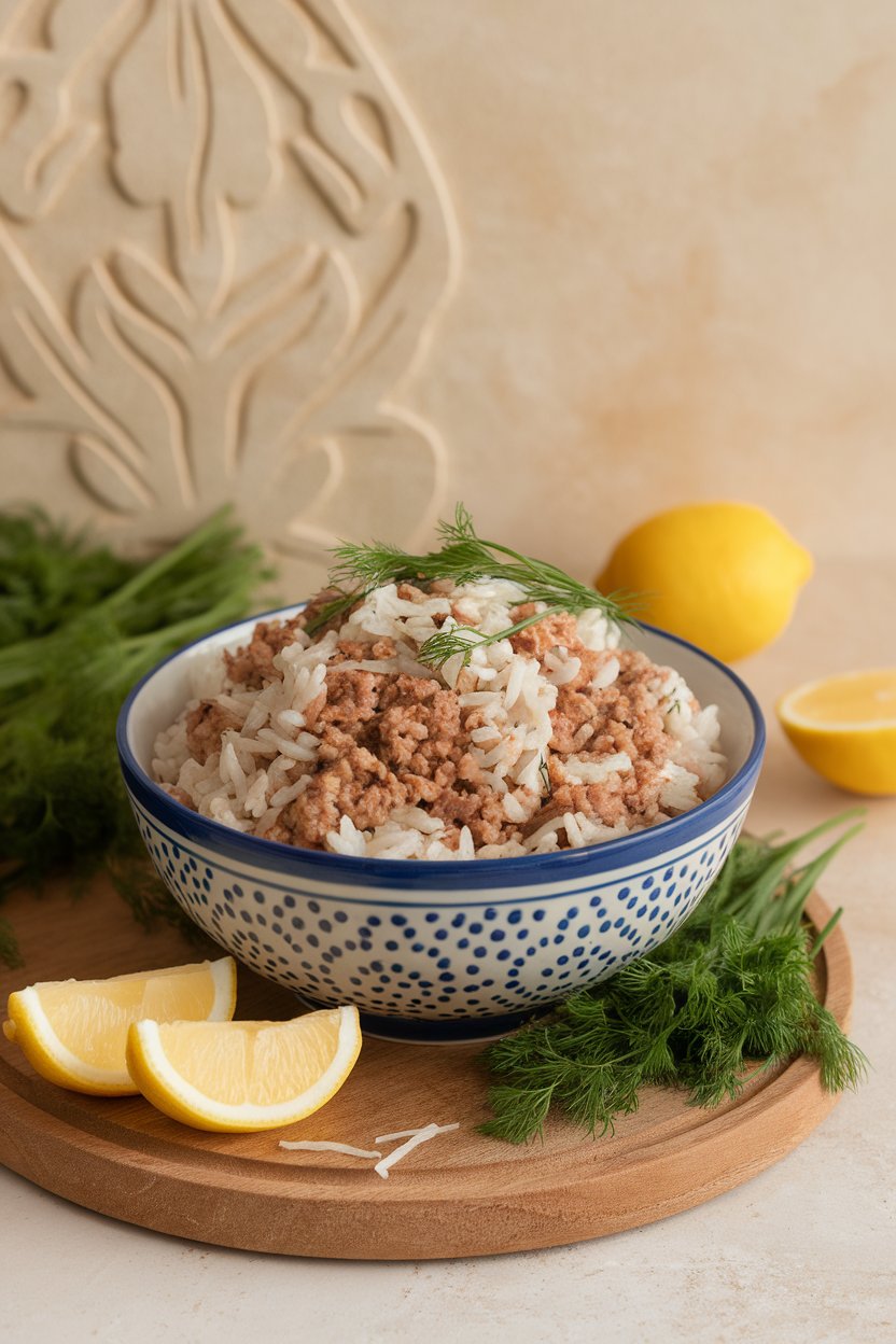 Indoor bowl of brown rice, ground turkey, dill, and lemon wedges, resembling dolma flavors. No text or logos.
