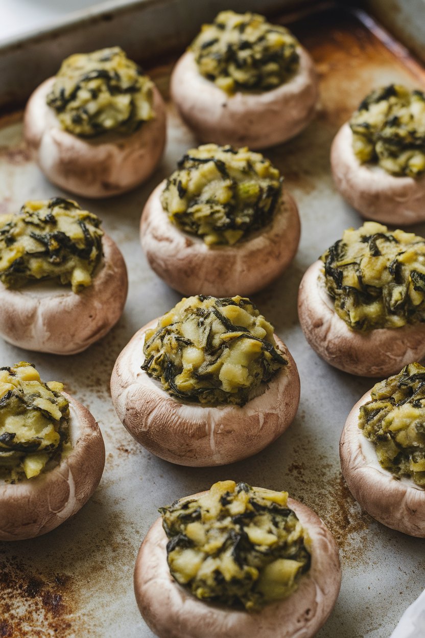 Baking sheet indoors with cremini mushrooms stuffed with green spinach-artichoke filling, lightly browned tops. No text or logos.