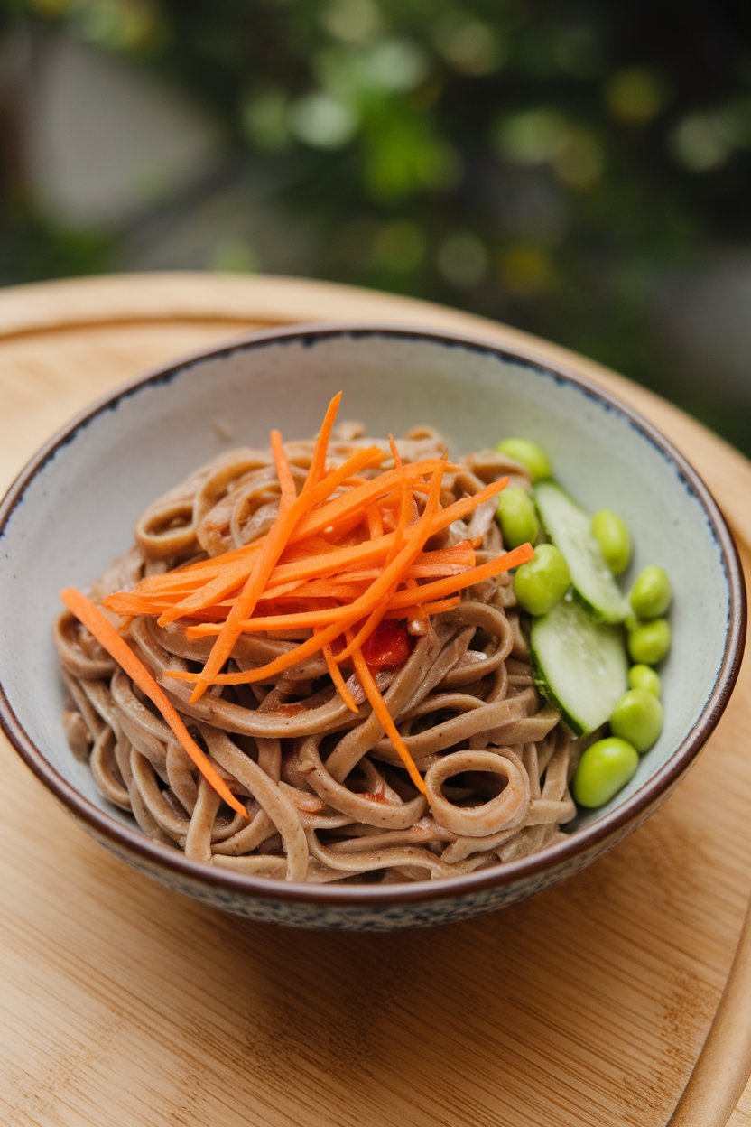An indoor bowl of buckwheat soba noodles mixed with julienned carrots, cucumber, and edamame, lightly dressed in sesame sauce. No text or logos.