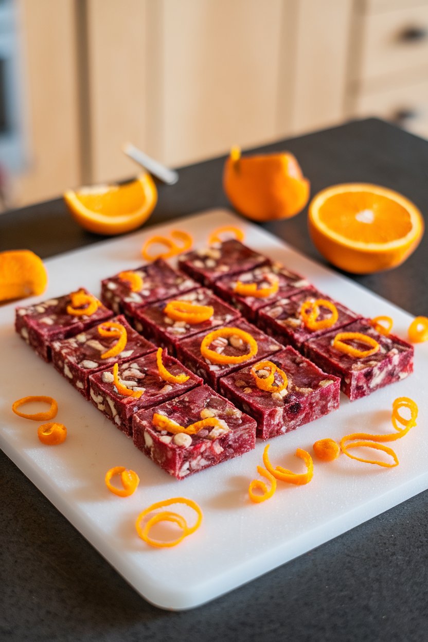 An indoor cutting board with neat squares of cranberry orange energy bars, zest curls scattered around. No text or logos.