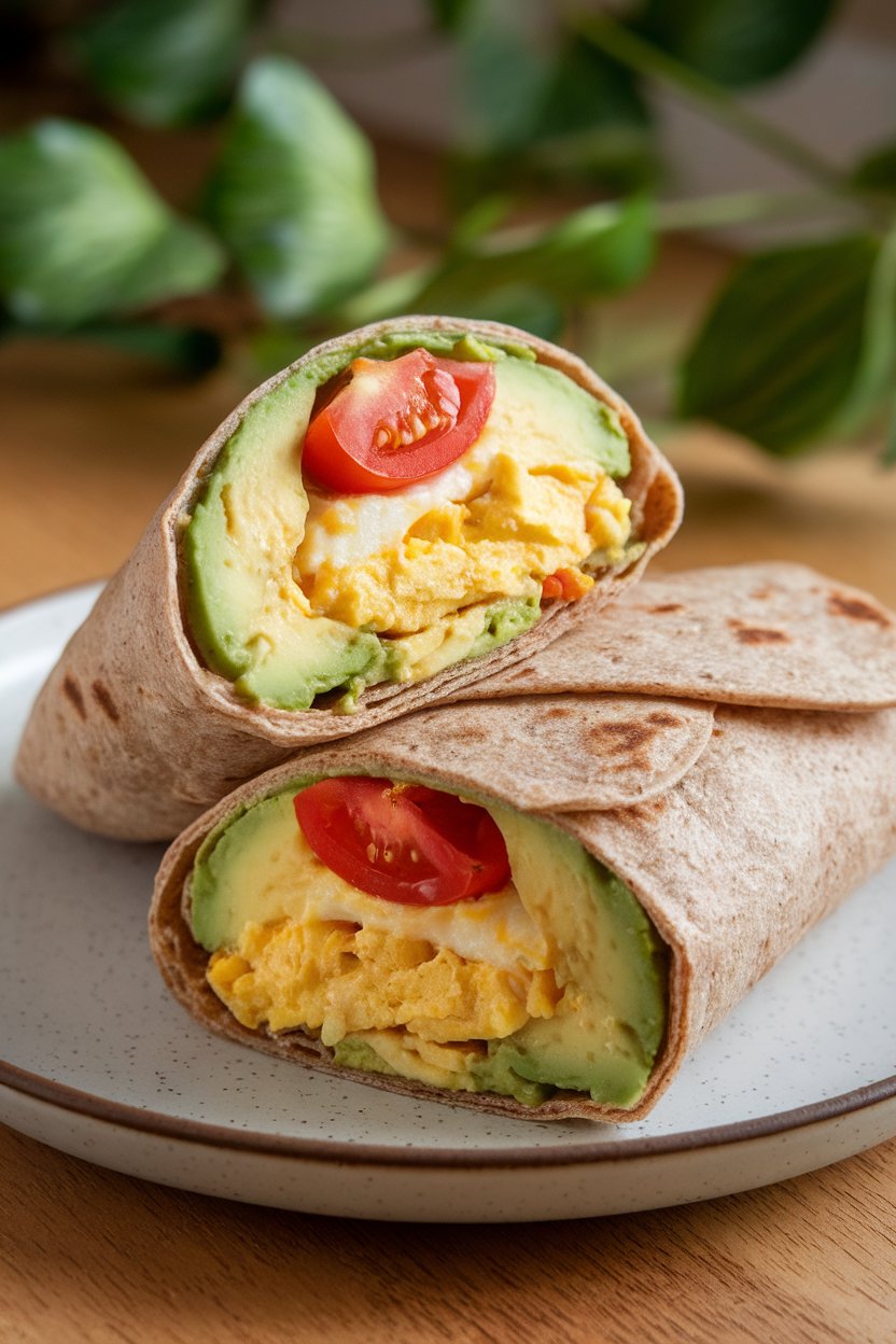 Photo of a whole-grain tortilla wrap cut in half indoors, showing creamy avocado slices, bright cherry tomatoes, and scrambled eggs; no text or logos visible.