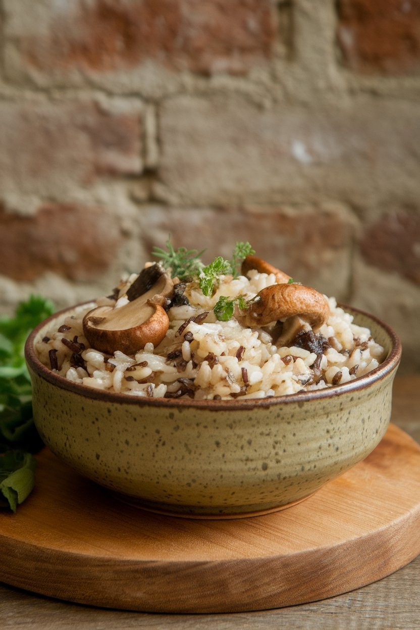 Indoor photo of wild rice pilaf with sautéed mushrooms and herbs in a ceramic bowl, no text or logos