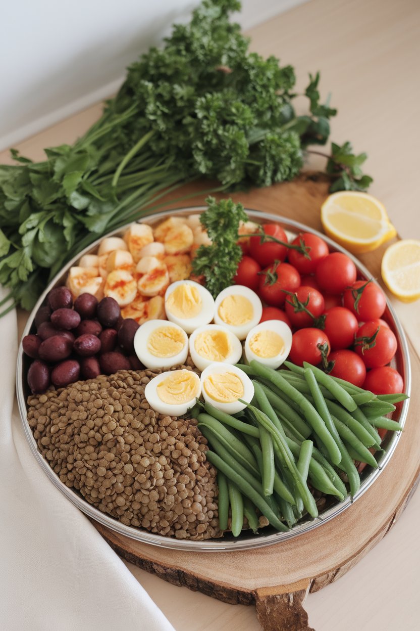Indoor platter arranged with lentils, hard-boiled eggs, green beans, tomatoes, and olives in neat sections. No logos.