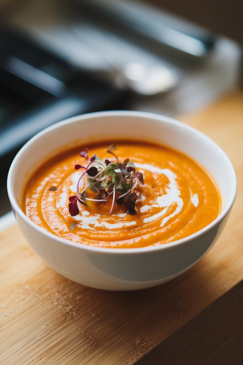 Indoor photo of a shallow white bowl containing creamy orange carrot coconut soup topped with microgreens, side view under soft light; no text or logos