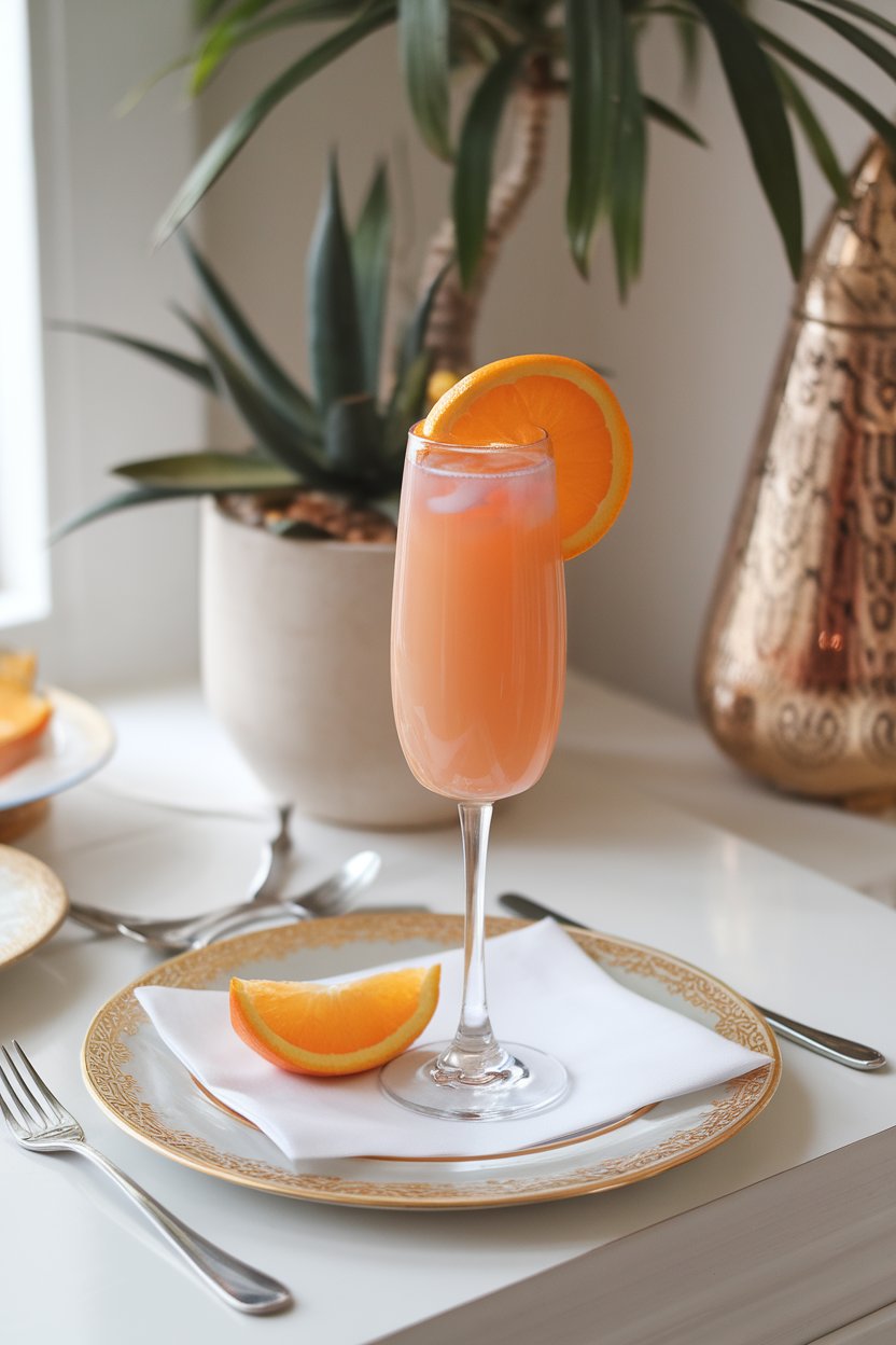 An indoor brunch table holding a flute of deep blush Blood Orange Mimosa with a small wedge on the rim. No text or logos.