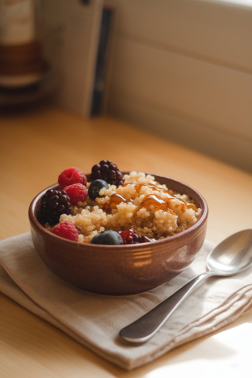 Warmly lit indoor photo of a ceramic bowl filled with fluffy quinoa, mixed berries, and a drizzle of maple syrup, resting beside a spoon on a cotton napkin. No text or logos.