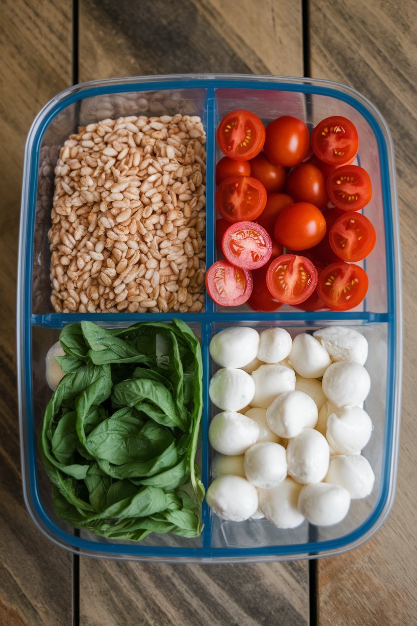 An indoor meal-prep container divided into farro, cherry tomato halves, fresh mozzarella pearls, and basil ribbons. No text or logos anywhere. Photo only.