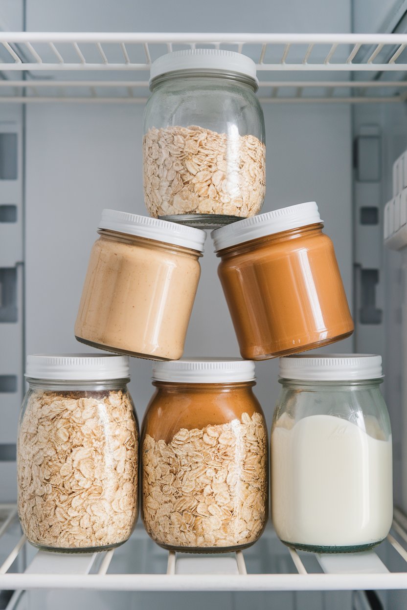 Indoor refrigerator shelf view of small jars layered with oats, peanut butter, and almond milk, lids off for display. No text or logos.