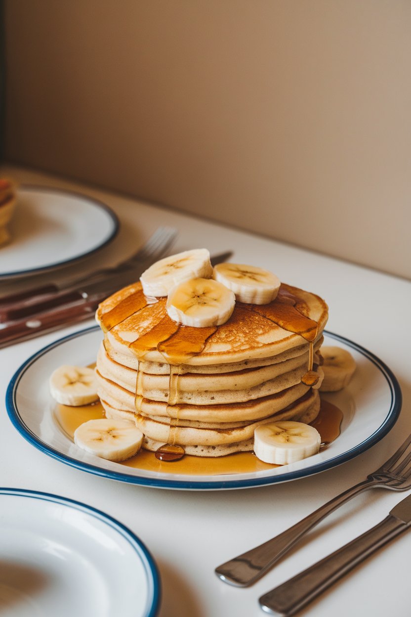 Photo of a stack of golden pancakes topped with banana slices and a drizzle of pure maple syrup, shot indoors on a brunch table. No text or logos on plates.