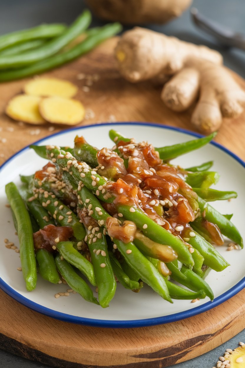 Indoor plate of bright green beans tossed in sesame seeds and glossy ginger sauce. No text or logos.