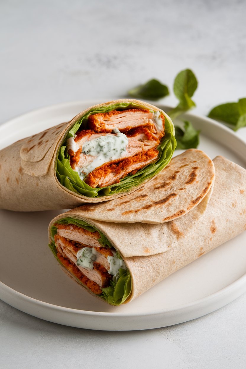 An indoor lunch plate featuring a whole-wheat wrap cut in half, showing spiced chicken strips, lettuce, and mint yogurt sauce inside. No text or logos. Photo, not illustration.