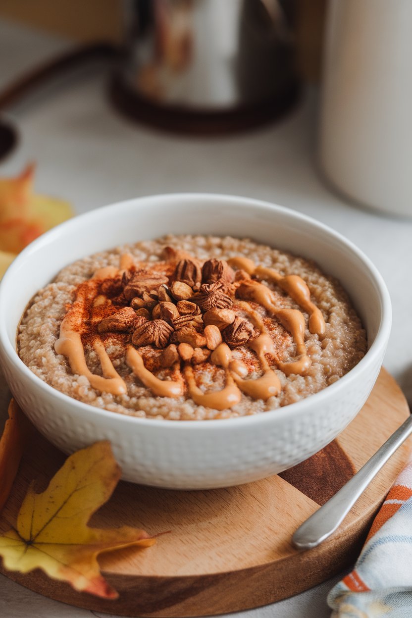 Photo of indoor bowl filled with warm quinoa porridge, gingerbread spices, and a drizzle of almond butter, no text or logos.