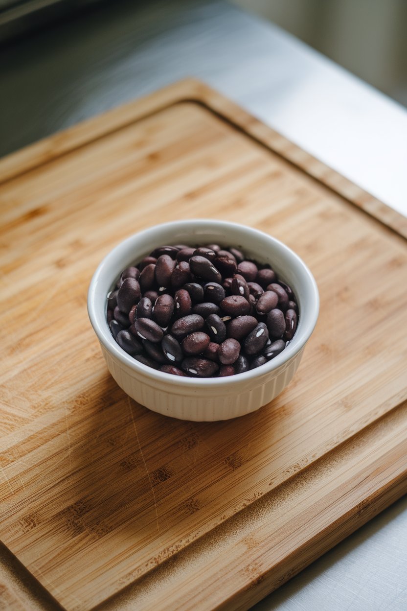 Photo of a small white bowl filled with rinsed black beans on an indoor kitchen counter, soft top lighting, no text or logos
