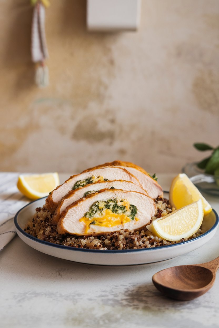 A plate on an indoor kitchen table showcasing sliced chicken breast revealing a broccoli and cheddar filling. No branding or text visible.