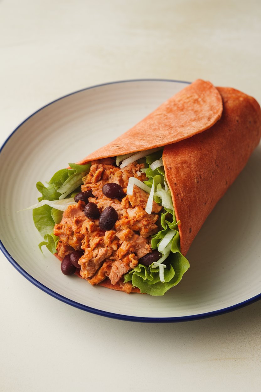 Indoor plate featuring a wrap loaded with spicy turkey mince, black beans, and shredded lettuce in a tomato tortilla. No branding.