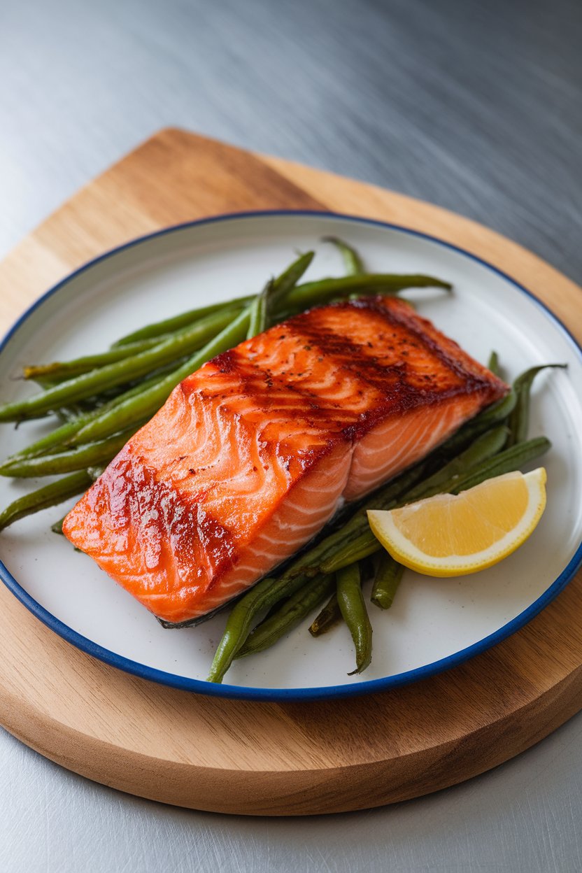 An indoor plate showcasing glazed salmon fillet, caramelized edges shining next to roasted green beans. No text or logos. Photo, not illustration.