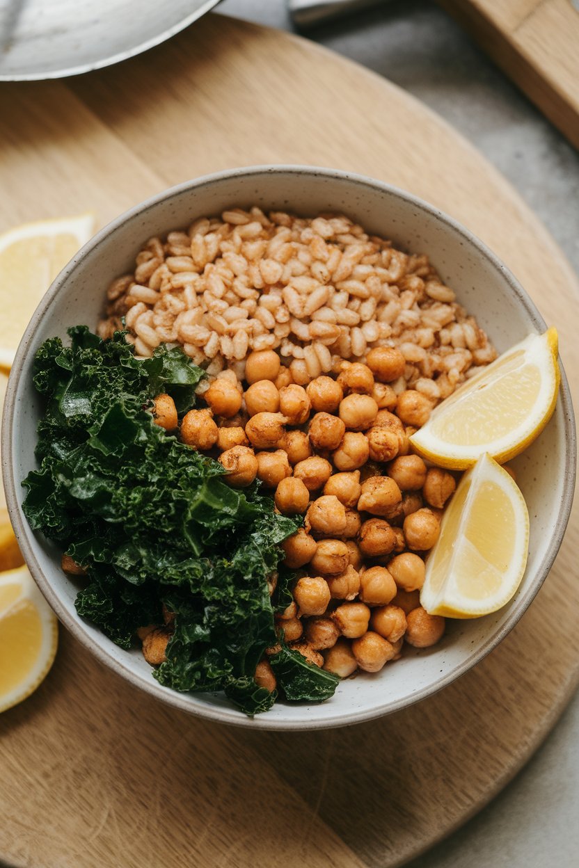 A top-down indoor image of a shallow bowl filled with cooked farro, roasted chickpeas, sautéed kale, and lemon wedges on the side. No text or logos.