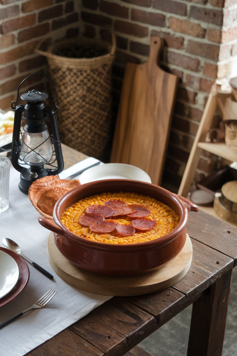 Indoor rustic table with a clay pot of locro, thick corn and squash stew with chorizo slices on top. No text or logos. Photo.