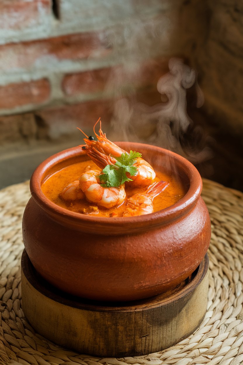 An indoor clay pot filled with cooked prawn curry in a reddish coconut gravy, garnished with coriander, steam rising. No text or logos. Photo, not illustration.