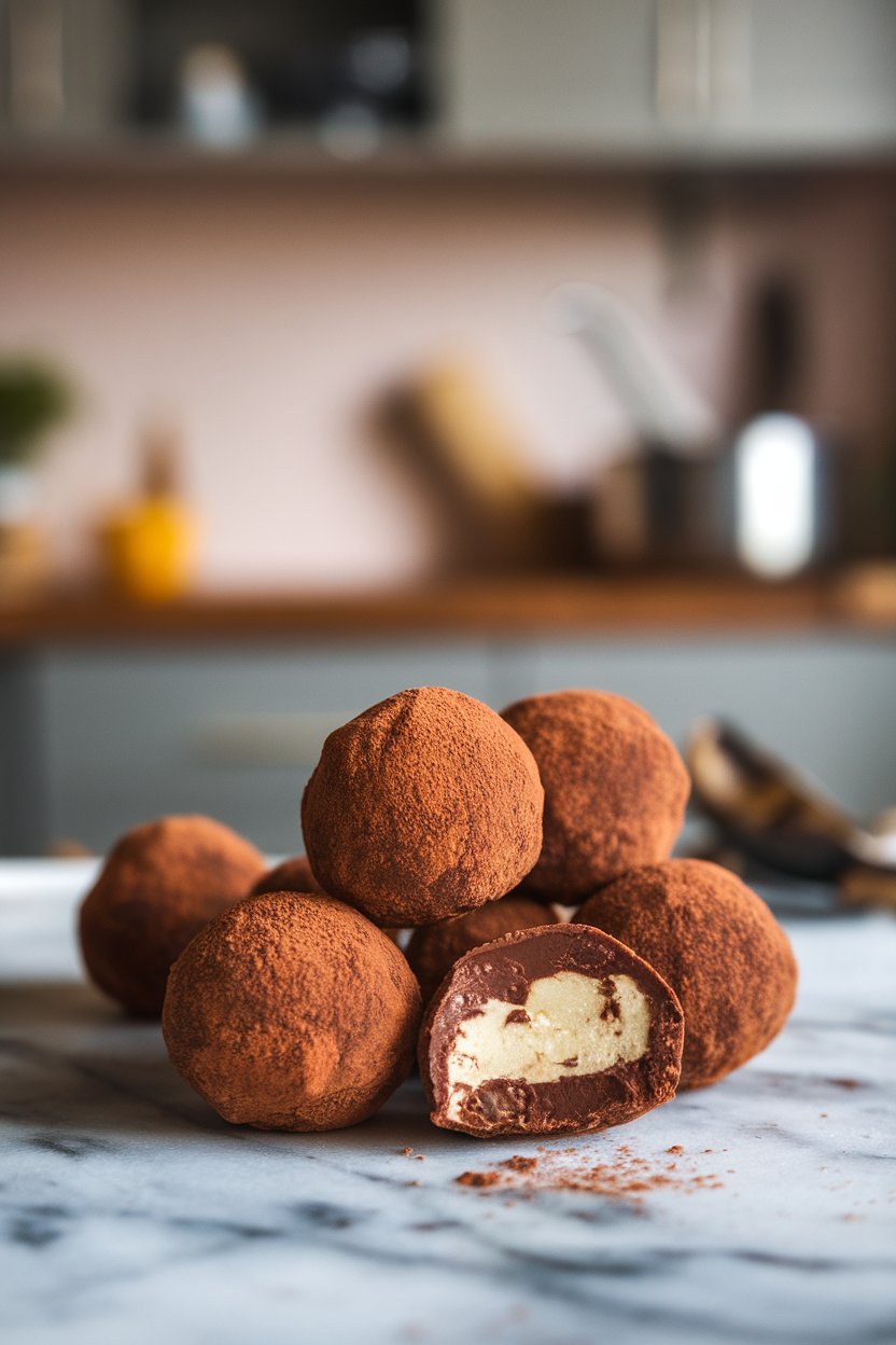 Indoor photo of round truffles dusted with cocoa, cut one open to reveal creamy center. No text or logos.