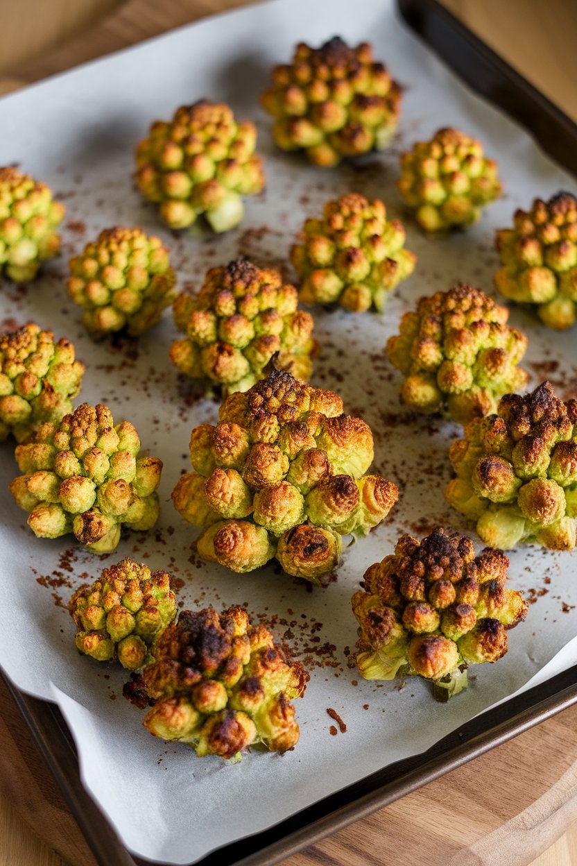 A parchment-lined baking sheet indoors with roasted Romanesco florets kissed by golden edges and topped with red chili flakes. Photo, no text or logos.