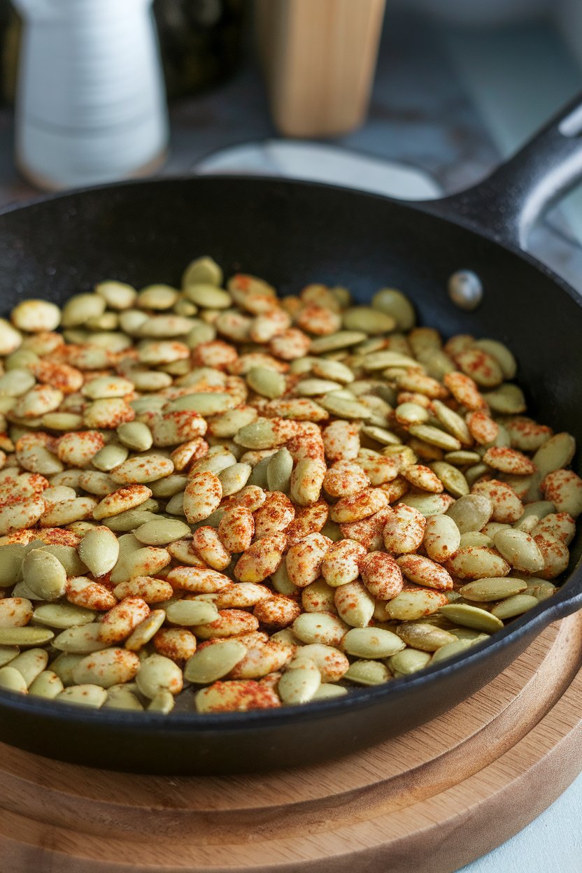 Indoor skillet filled with roasted pumpkin seeds coated in chili-lime seasoning, lightly toasted. No text or logos; photo.