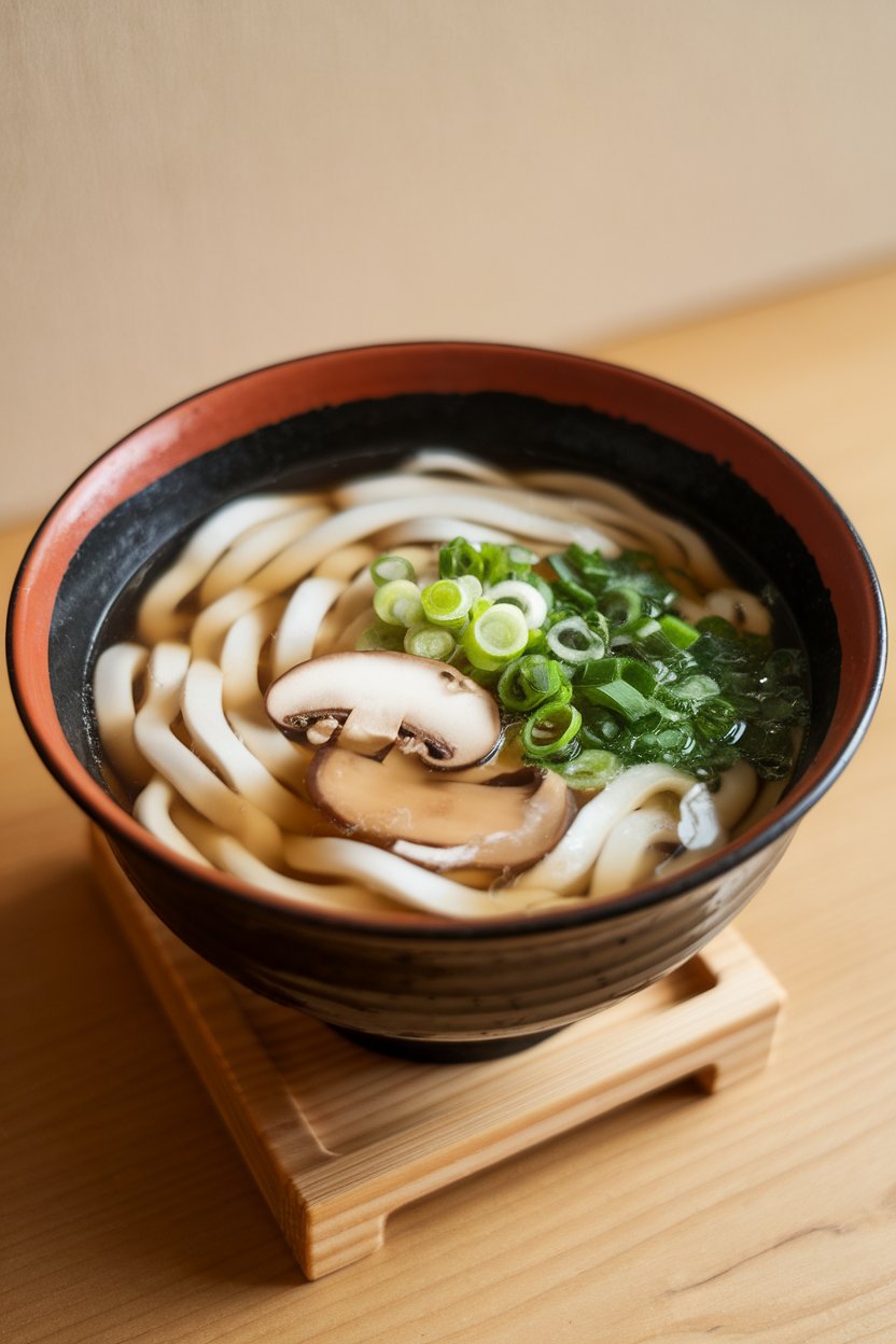 An indoor soup bowl filled with clear broth, udon noodles, mushrooms, and sliced scallions; photo only, no text or logos.