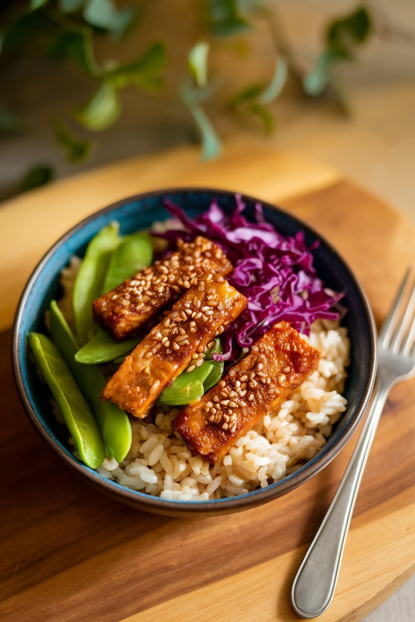 Indoor bowl with brown rice topped by caramelized ginger-sesame tempeh strips, snap peas, and shredded red cabbage; overhead light; photo, no text or logos.