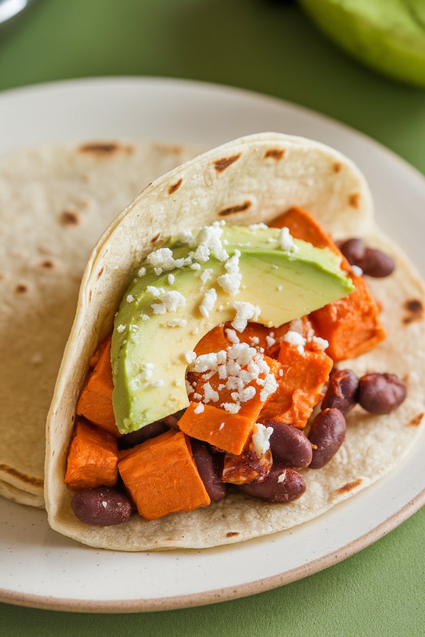 A soft corn tortilla indoors filled with roasted sweet potato cubes, black beans, avocado slices, and a sprinkle of queso fresco; no text or logos.