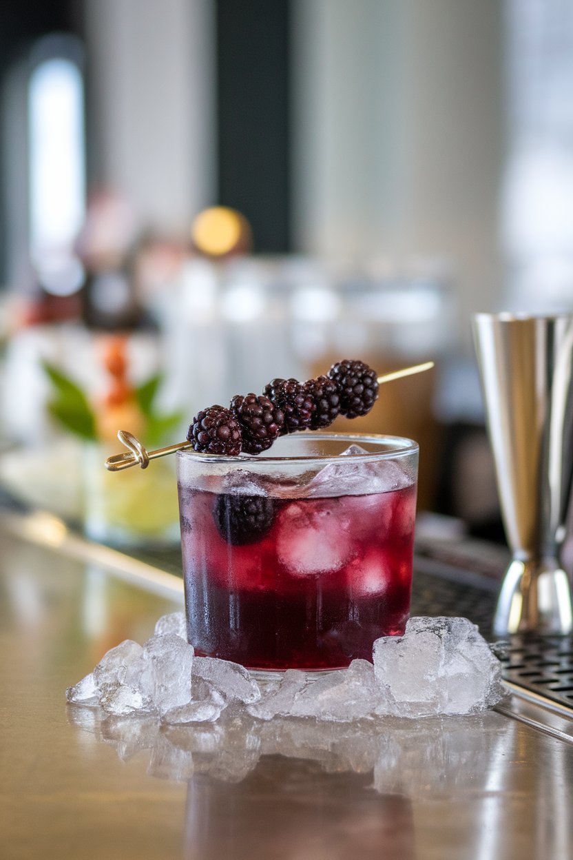 An indoor bar counter with a rocks glass Blackberry Bramble, crushed ice piled high and blackberry skewer. No text or logos.