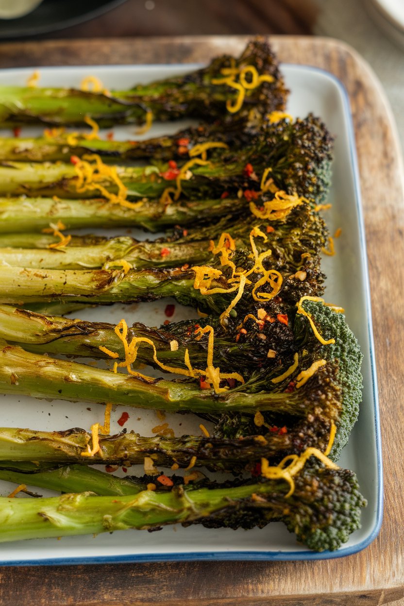 A shallow platter indoors of roasted broccolini speckled with lemon zest and red pepper flakes; no text or logos, photo only