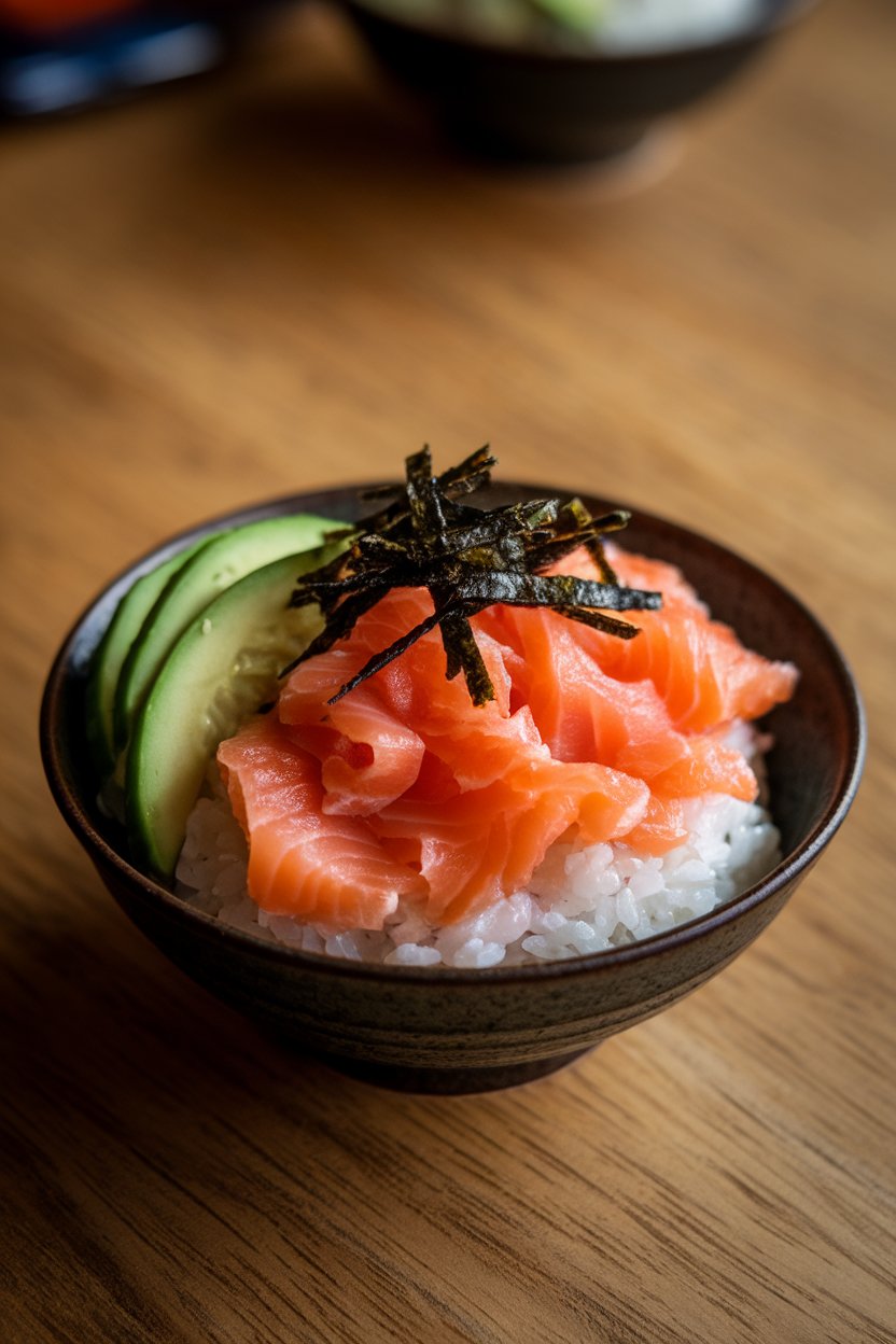 An indoor tabletop bowl of seasoned sushi rice topped with cooked salmon flakes, avocado slices, cucumber ribbons, and toasted nori strips; no text or logos; photo