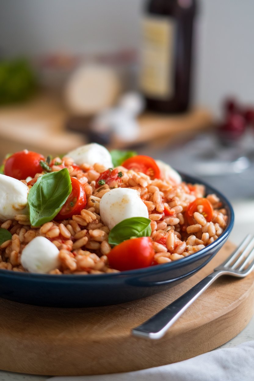 Photo of a serving dish indoors featuring farro tossed with cherry tomatoes, fresh basil, and mozzarella pearls. No logos or text.