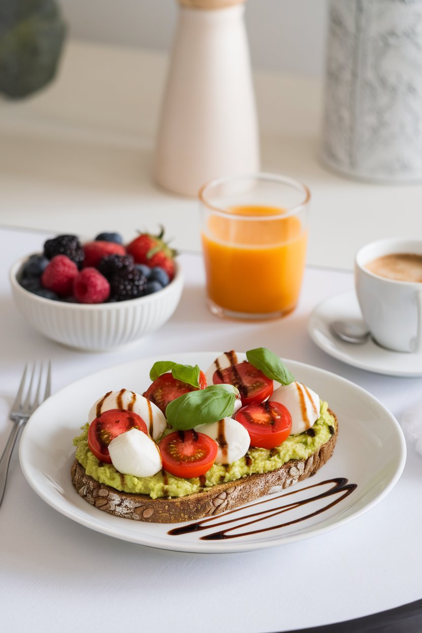 Photo of an indoor breakfast table showing seeded toast topped with mashed avocado, cherry tomato halves, fresh mozzarella pearls, and basil ribbons; drizzle of balsamic glaze visible; no text or logos