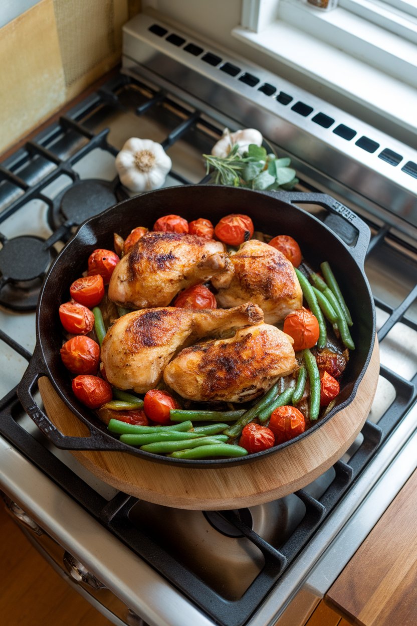 A casserole dish on an indoor stove containing chicken, tomatoes, and green beans roasting together; overhead angle, no text or logos. Photo only.