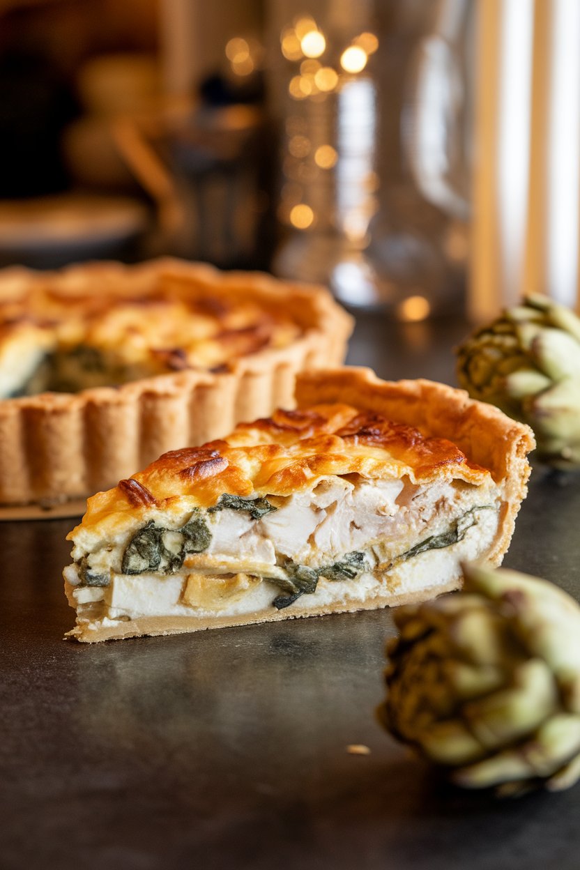 Warmly lit indoor counter with a slice of chicken-spinach-artichoke quiche, artichoke hearts visible, no text or logos.