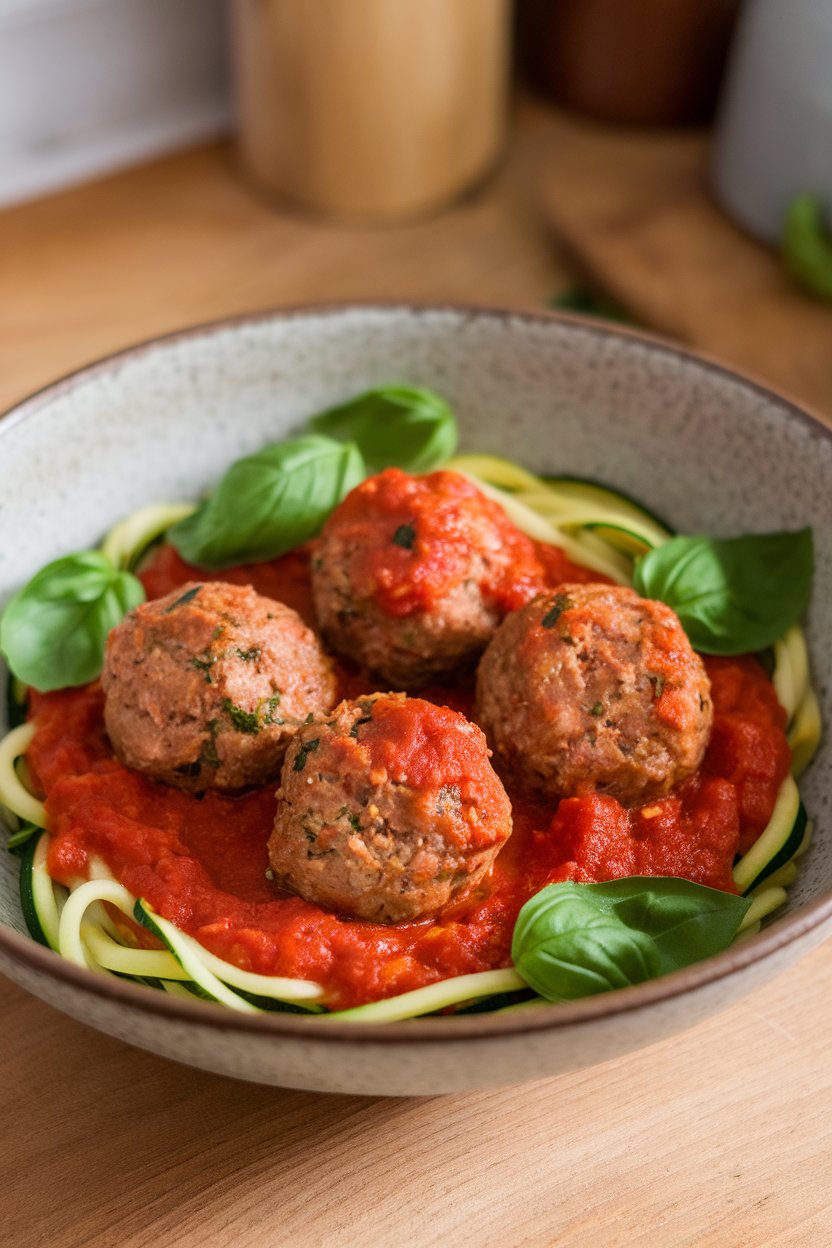Indoor photo of a shallow bowl containing turkey meatballs in tomato sauce over zucchini noodles, sprinkled with fresh basil. No logos or text.