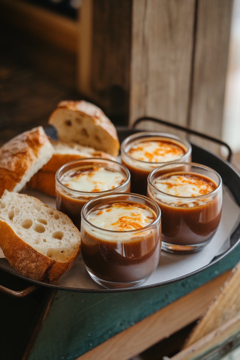 Small heatproof glasses of French onion soup with melted cheese cap, served indoors on a tray. No text or logos. Photo.