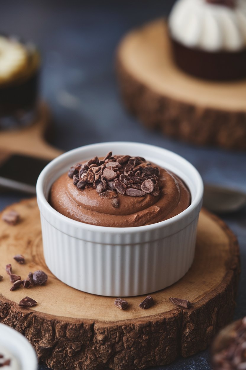 An indoor dessert ramekin holding smooth chocolate mousse topped with cacao nibs, photo, no text or logos.