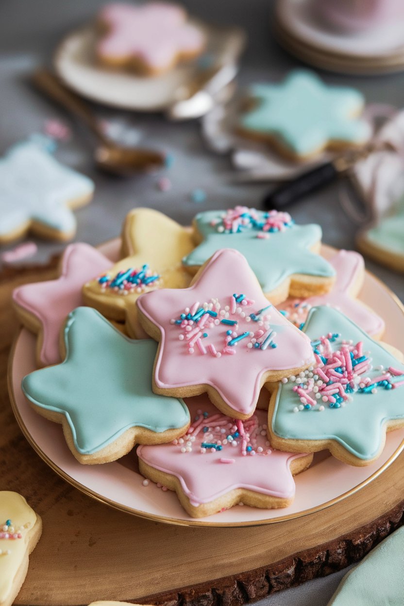 Indoor plate of cut-out sugar cookies frosted in pastel icing and sprinkles, no writing or logos. Photo only.
