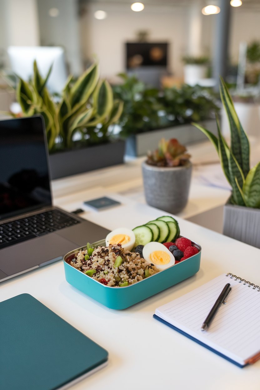 Photo of an indoor work desk with a bento box containing quinoa salad, sliced cucumbers, boiled egg halves, and fresh berries. No text or logos anywhere.