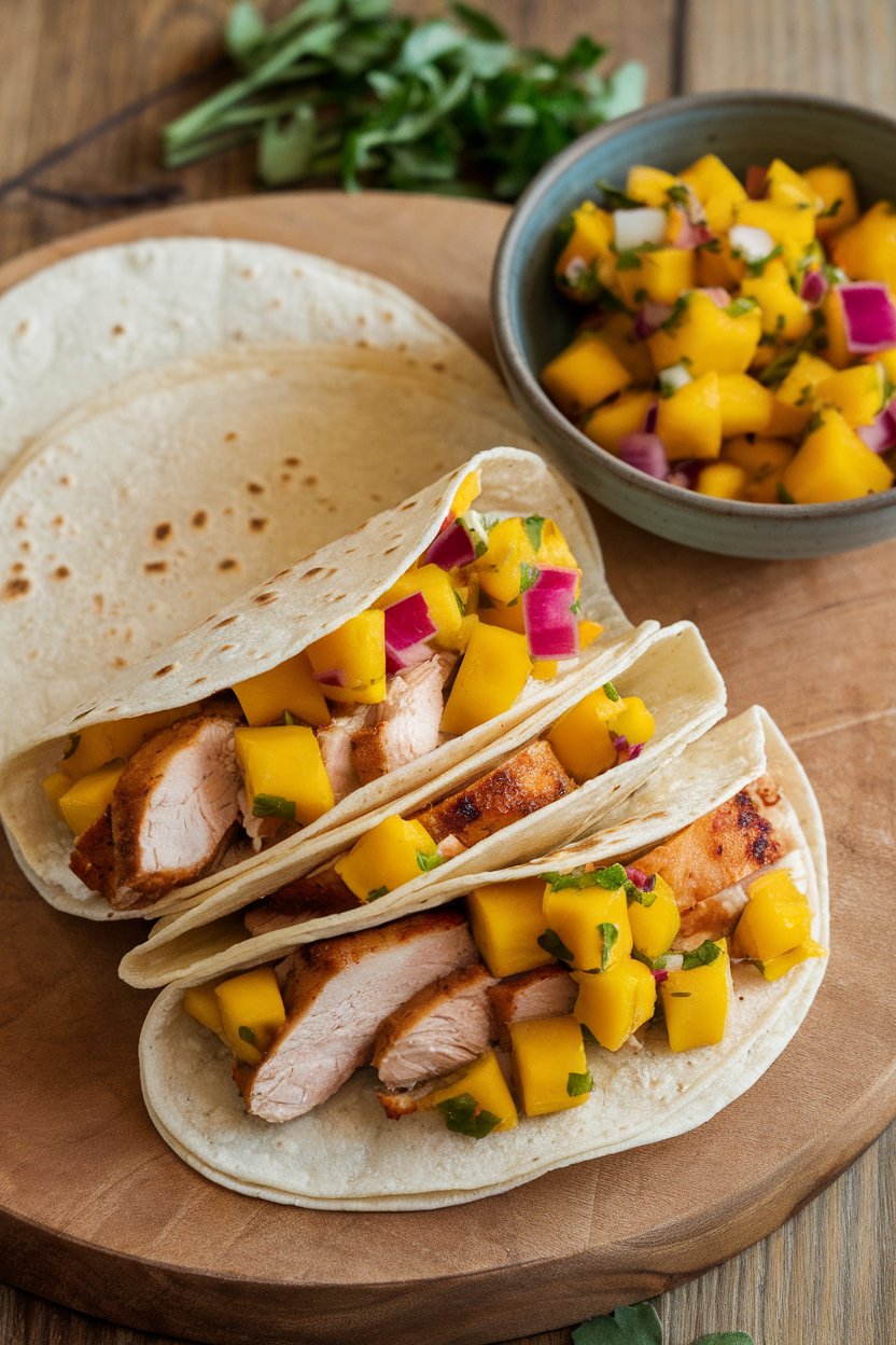 Photo of corn tortillas filled with sliced grilled chicken and colorful mango salsa, laid out on an indoor serving board. No logos or text present.