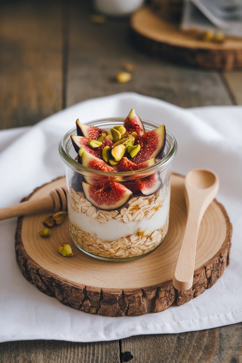 An indoor rustic table photo of a jar layered with sliced fresh figs, oats, and a sprinkle of chopped pistachios on top, drizzled lightly with honey. No logos or text. Photo only.