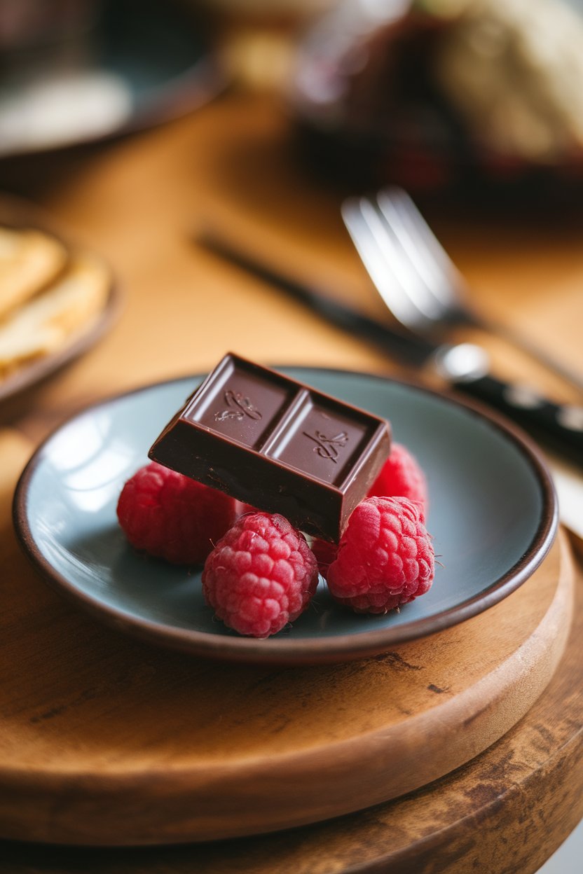 Photo — A small indoor plate with a couple of squares of 70 percent dark chocolate beside ripe raspberries. No visible text or logos.